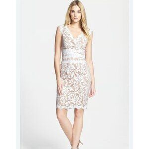 NWT TADASHI SHOJI Embroidered Lace V-neck Sheath in Ivory Nude Dress 12P